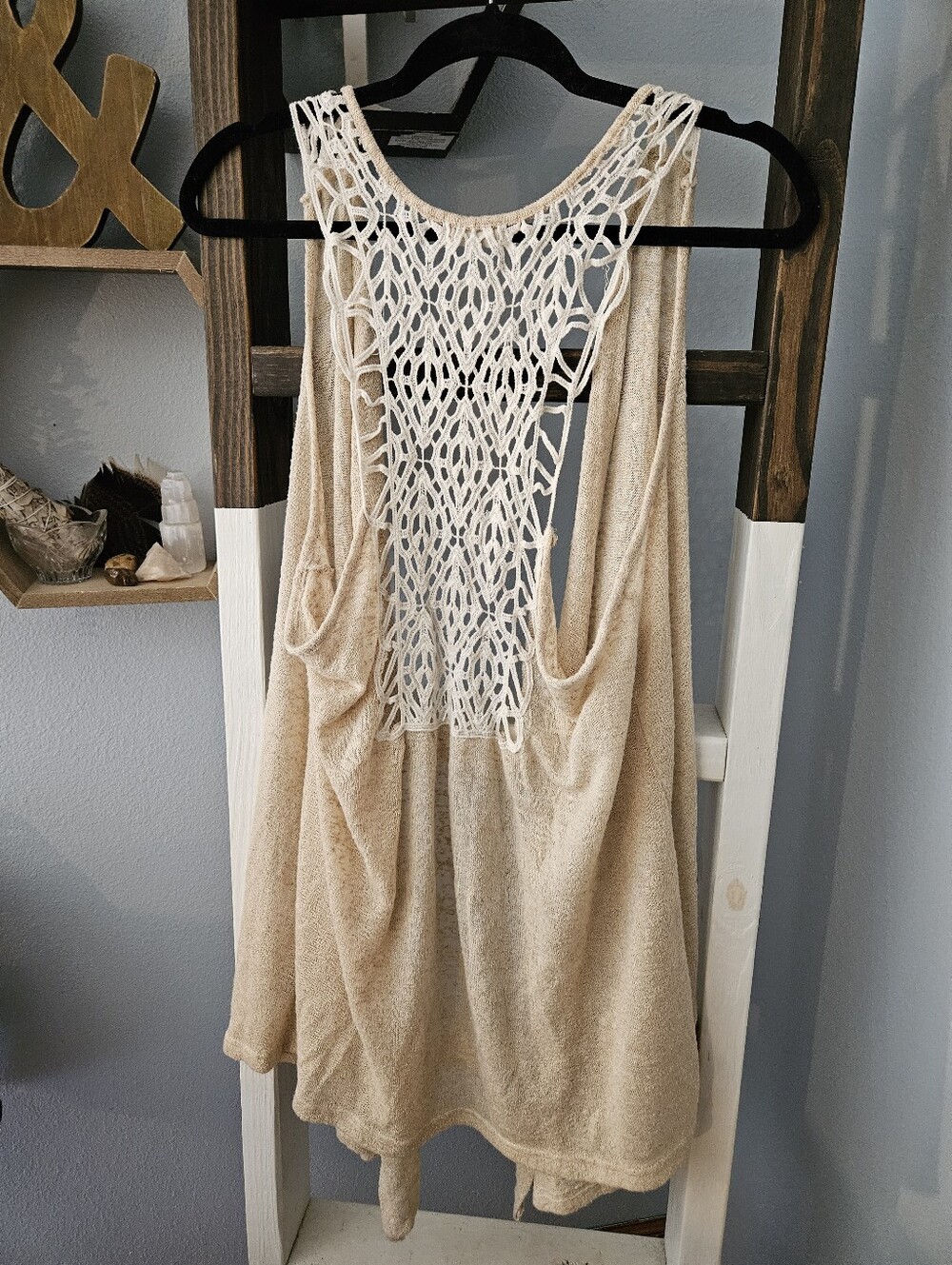 Beige Crochet Back Open Front Duster Vest Size L-XL - Picture 4 of 7